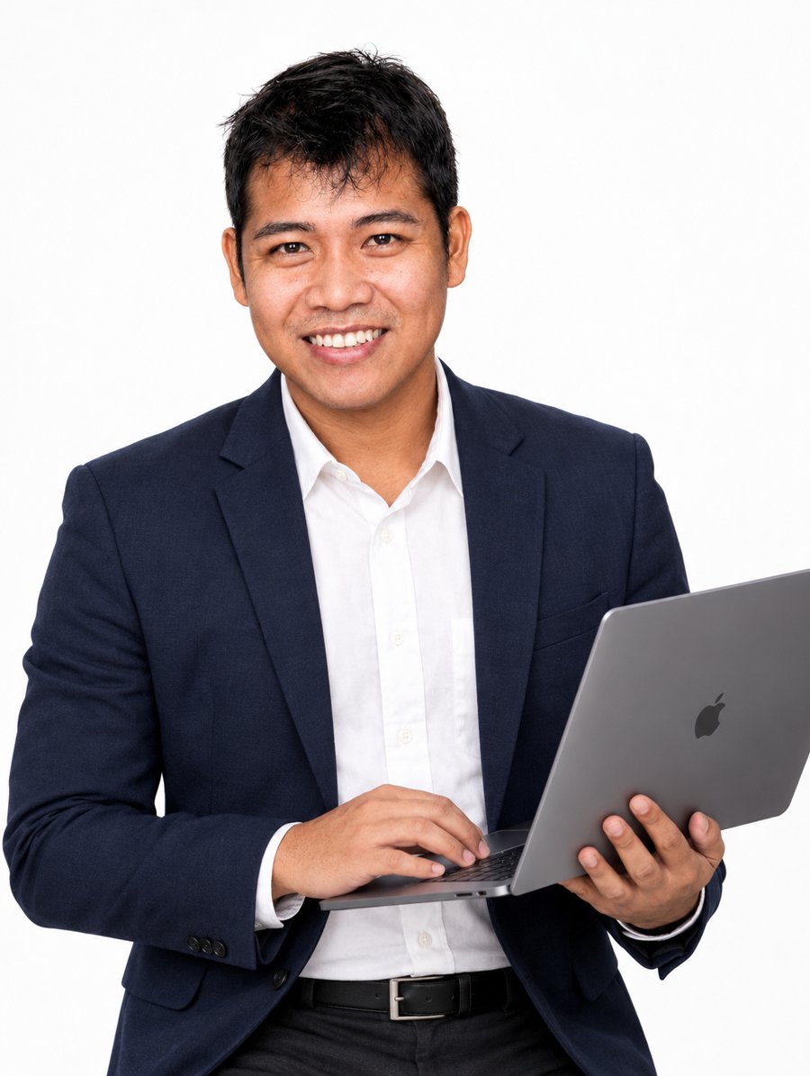 Francis Miraña smiling while holding a laptop